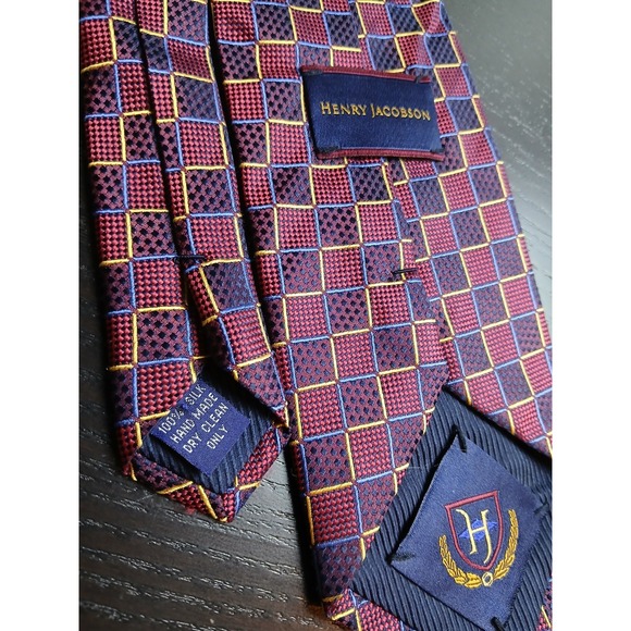 HENRY JACOBSON 100% Silk Tie Necktie Designer Gold/Blue/Red Businessman #397C - Picture 3 of 8